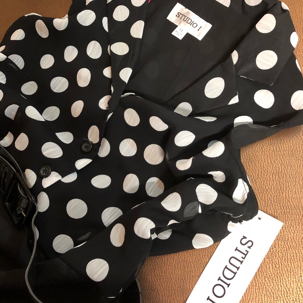 Black white Polka dot mini dress belt sheer Sz 12